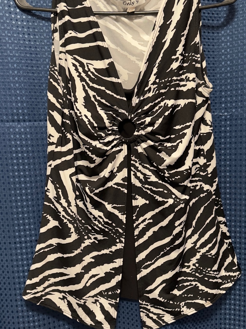 Only Black and White Zebra-Print V-Neck Tankini with Ring Accent